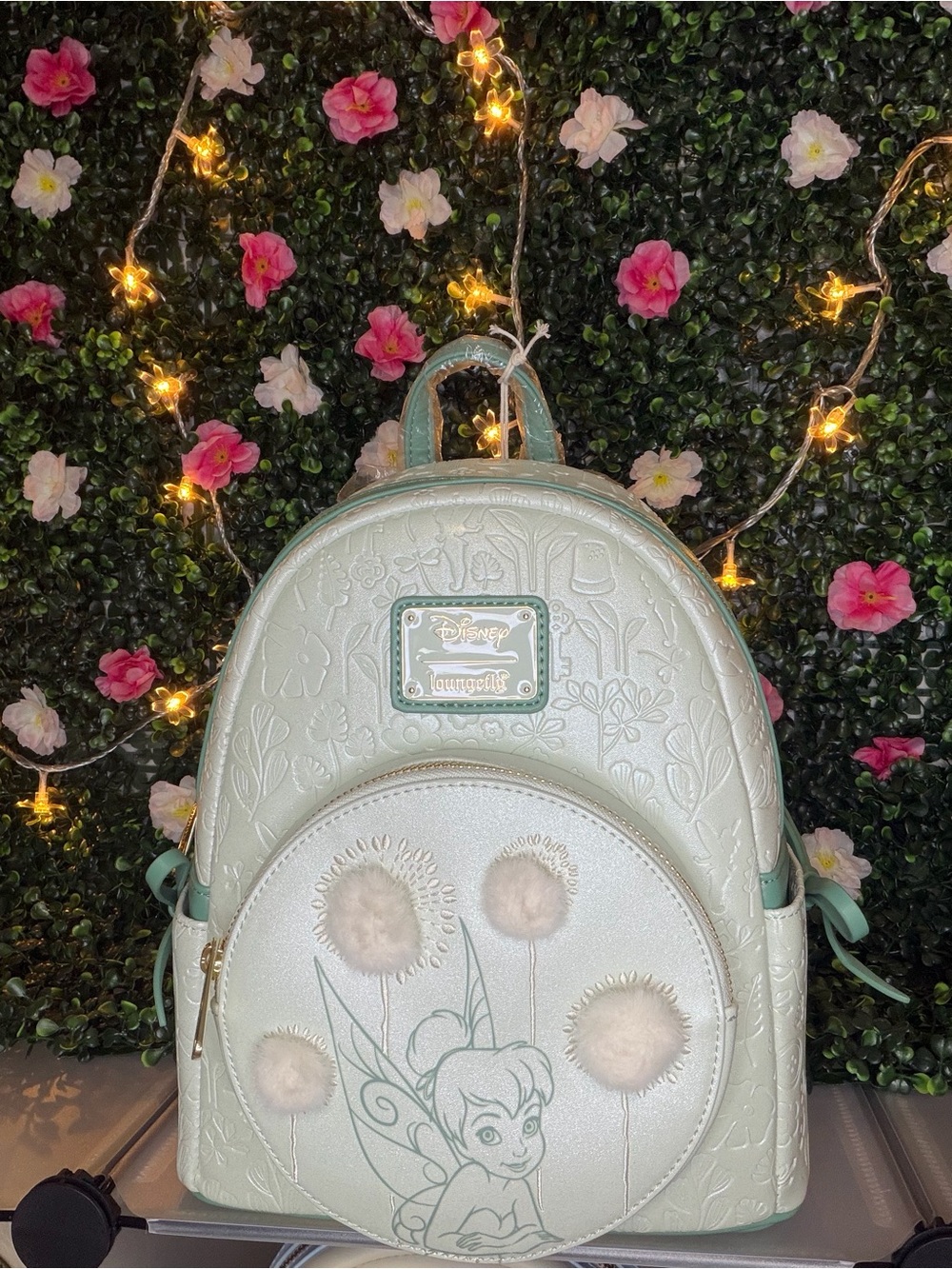 Loungefly Mint Tinker Bell Mini Backpack with Pom Accents